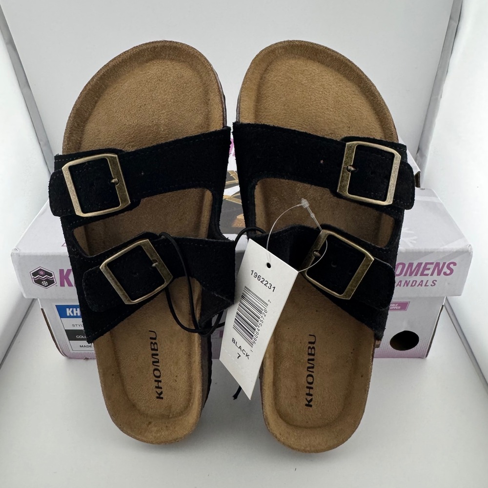 Khombu Ashville Slide Sandals Womens 7 Black New Suede Leather Buckle Comfort - Picture 3 of 9